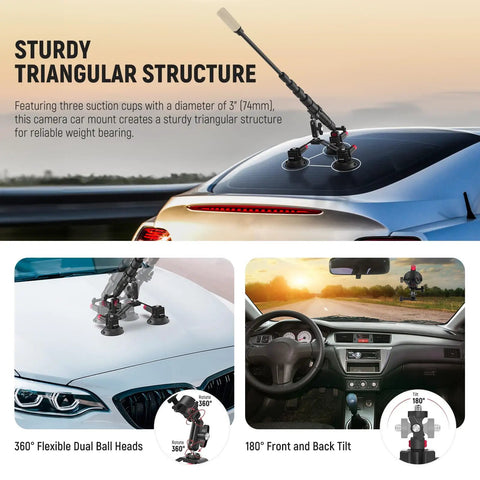 Triple Suction Cup Car Mount Kit for GoPro, Osmo, Insta360 cameras on rear windshield showing sturdy triangular structure with arm.