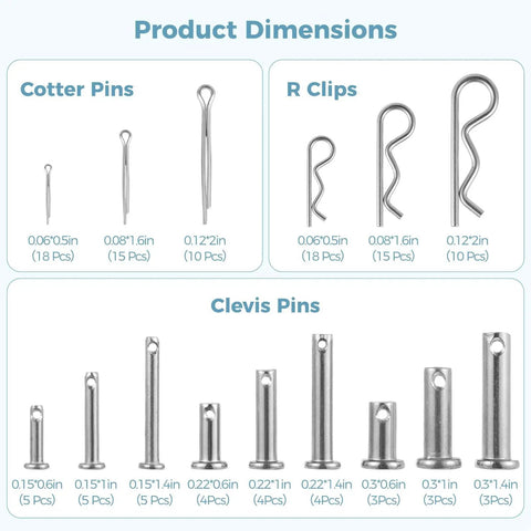 Beefy Yet Handy Heavy Duty Stainless Steel Fastener Kit with 122 Piece Assortment of Cotter Pins, R Clips, Clevis Pins sizes shown