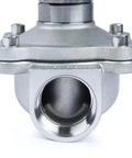 Front view of 1 Inch Stainless Steel Solenoid Valve 12V DC Normally Open With Viton Seal, industrial use valve for diesel and gas control.