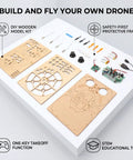 DIY Wooden Drone Kit With Dope Protective Frame For Safe Flying, showing components for assembly, 3 Speed RC Quadcopter parts.