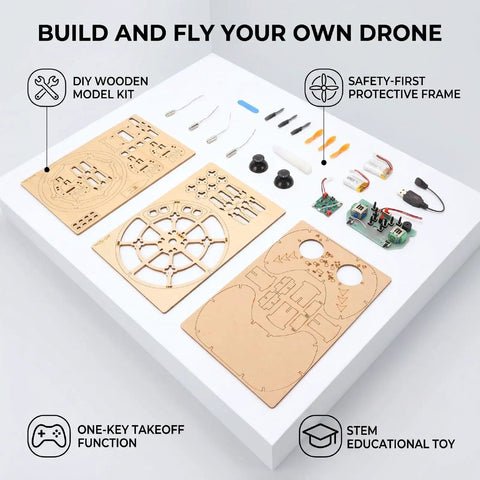 DIY Wooden Drone Kit With Dope Protective Frame For Safe Flying, showing components for assembly, 3 Speed RC Quadcopter parts.