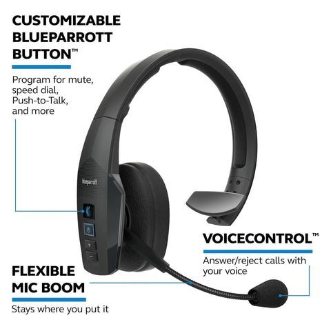 Mono Bluetooth Trucker Headset With Mic 96 Percent Noise Canceling All Day Comfort Padded Headband Extended Wireless Range