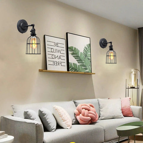 Industrial Edison Style Wire Cage Wall Sconce With Black Finish On Off Rotary Switch And E26 Socket 1 Light Vintage Rustic Lighting in living room