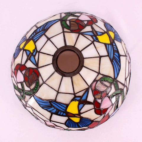 Top view of Cream Amber Hummingbird Stained Glass Lampshade Replacement 12 By 12 By 6 Inch With 1 5/8 Inch Fitter Opening