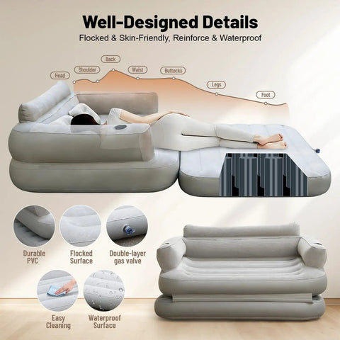 Full Size Inflatable Sofa Bed With Air Pump Easy Inflate Couch For Living Room Or Dorm, showing durability and setup details.