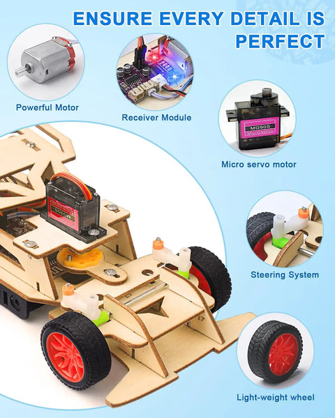 STEM Kits For Kids 8 To 12 Remote Control Car Build Kit With Wooden 3D Puzzles showing car parts like motor, servo, and wheels.