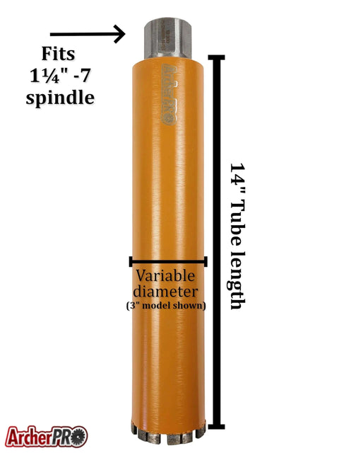 ArcherPRO 3-inch diamond core drill bit, orange tubular body, 14-inch length, fits 1-1/4 in to 7 arbor (front view)