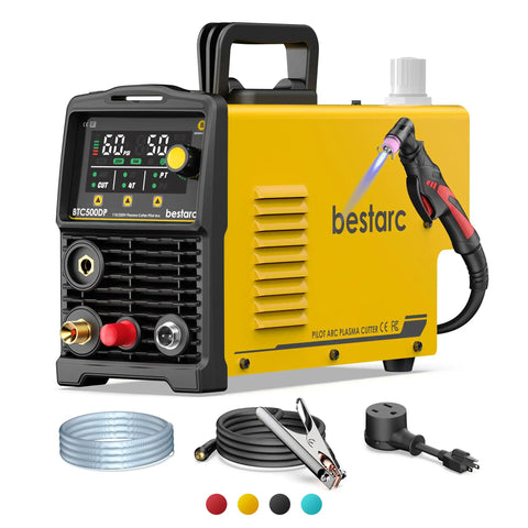 Pilot Arc Plasma Cutter 50A Dual Voltage 110 To 220V With LED Display And Air Sensor Garage Ready Delivers Clean Half Inch Cuts On Iron Steel Aluminum Copper Max Three Quarter Inch Post Flow Mesh Two T And Four T Modes For Beginners DIY Yellow shown with accessories