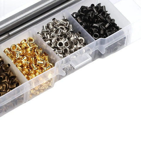 2mm Plated Copper Grommet Kit With Mini Eyelets And Plastic Storage Box For Shoelaces Belts And Craft Projects Durable Rust Resistant Hardware For Repairs Or Creative Upgrades showing different colored eyelets in box compartments