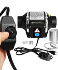 Three Inch Inline Booster Duct Fan With Speed Control, high flow ventilation, low noise, shown with accessories and metal clasp.