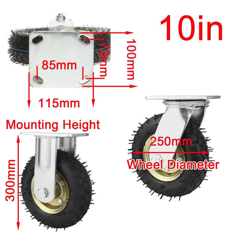 Heavy Duty Beefy Rubber Caster Wheels With Air Filled Tires That Rolls Smooth On Any Surface Includes Two Swiveling Casters And Two Fixed Brackets displayed with size and measurements.