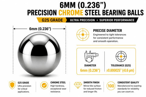 100 Pack 6mm Chrome Steel Bearing Balls Grade 25 Precision Rounds For Bicycles Casters Drawer Hardware And Machinery AISI 52100 Chromium Steel With Tight Tolerances And Smooth Finish For Long Lasting Performance, 6mm ball