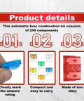 Product details of Top Tier Heavy Duty Automotive Fuses Assortment Kit 250 Pieces including various fuse types and zinc alloy build.
