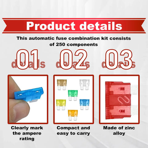 Product details of Top Tier Heavy Duty Automotive Fuses Assortment Kit 250 Pieces including various fuse types and zinc alloy build.