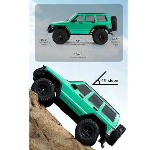 Upgraded One Eighteenth Scale RC Crawler Chassis Frame For AX-8560 TRX4 M Bronco Defender on rocky slope showing angles