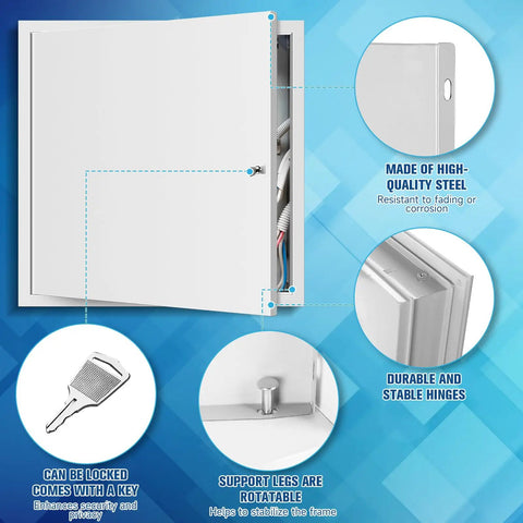 Heavy Duty White Drywall Access Panel 18 By 22 Inch With Secure Lock And Key for Ceiling showing key and hinges details.