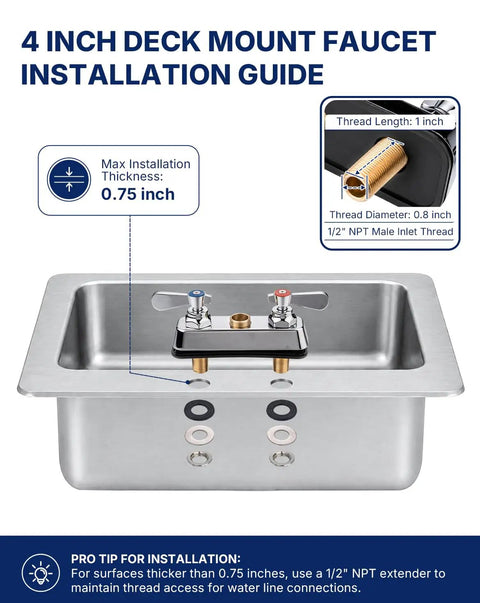 Lead-Free 4 Inch Deck Mount Commercial Kitchen Sink Faucet 8" Swivel Spout installation guide showing sink mounting details.