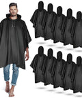 10 Pack Adult Rain Ponchos With Drawstring Hood Waterproof Thickened Rain Coats For Men And Women Reusable Black EVA Material Lightweight Yet Durable For Hiking Camping Travel And Outdoor Use showing a model wearing one poncho and nine displayed behind.