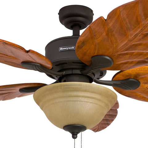 Close-up of Sabal Palm 52 Inch Tropical LED Ceiling Fan with Light, hand carved solid wood blades, bronze finish, pull chain view