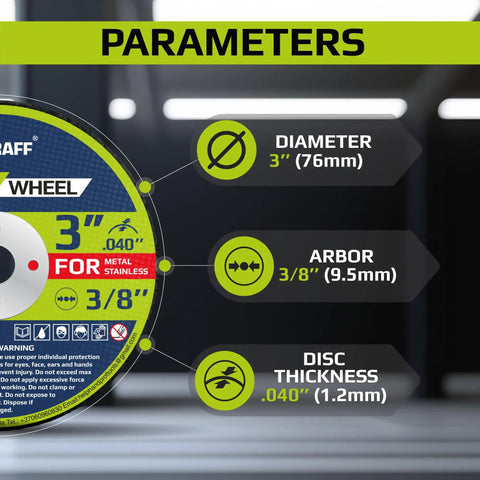 Three Inch Thin Metal And Stainless Steel Cut Off Wheels For Die Grinder Pro Grade Ultra Fast Cutting Disc With Three Eighths Inch Arbor Durable Fiberglass Reinforced Construction Great For Metalwork And Stainless Steel Projects 25 Pack showing diameter, arbor, and thickness parameters.