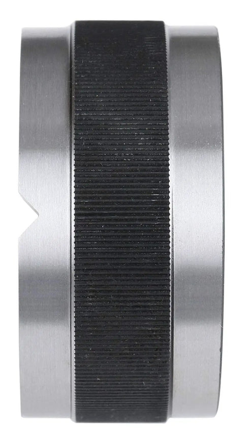Machinist Bench Block 3 Inch Diameter 1.5 Inch Height Hardened Ground Steel With 1/8 to 5/8 Inch Holes Knurled Edge For Secure Grip V Groove Across Face For Round Stock Pin Driving And Drilling, side view