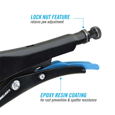 Close-up of Eight Inch Sheet Metal Locking Pliers Model 108 8 with lock nut and epoxy resin coating for rust prevention