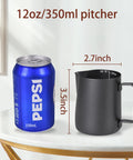 Sturdy Stainless Steel Milk Frothing Pitcher 12 Oz 350 Ml With Barista Grade Latte Art Pen For Espresso Machines Coffee Frother Cup Black Dishwasher Safe And Latte Art Decorating Tool next to Pepsi can on table.