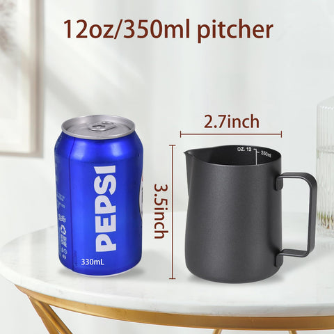 Sturdy Stainless Steel Milk Frothing Pitcher 12 Oz 350 Ml With Barista Grade Latte Art Pen For Espresso Machines Coffee Frother Cup Black Dishwasher Safe And Latte Art Decorating Tool next to Pepsi can on table.