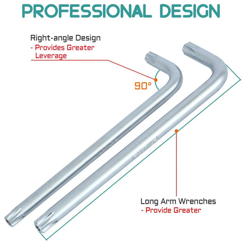 Beefy Industrial Grade Tamper Proof Torx Hex Key Set long arm wrenches showing right-angle and professional design features.