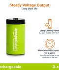 Heavy Duty Four Pack Rechargeable D Cell Batteries Featuring 10000 Mah Ni Mh Chemistry, showing a single green D-cell battery.