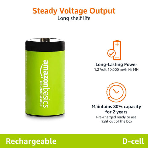 Heavy Duty Four Pack Rechargeable D Cell Batteries Featuring 10000 Mah Ni Mh Chemistry, showing a single green D-cell battery.