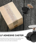 Self adhesive caster wheel next to taped cardboard box on wooden floor, showcasing four pack swivel caster wheels with brake.