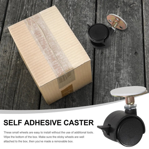 Self adhesive caster wheel next to taped cardboard box on wooden floor, showcasing four pack swivel caster wheels with brake.