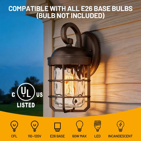 Industrial Outdoor Wall Light Fixtures Set Of 2 With Water Ripple Glass mounted on wall, showcasing oil-rubbed bronze finish, compatible with E26 bulbs