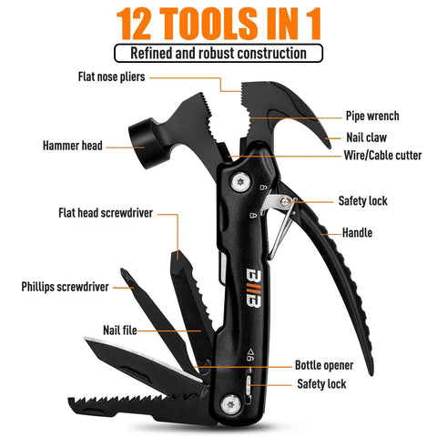 12 In 1 Hammer Multitool For Men EDC Survival Gear Kit with pliers, nail claw, saw, cutter, flathead and Phillips screwdrivers, bottle opener