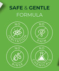 Eyelid and lash wipes front label on green background with white icons: no irritation, no pain, no rinse, no chemicals.