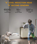 Child and dog passing by an under cabinet light motion sensor with 6500K color temperature, 10ft sensor range, and 120° detection angle.