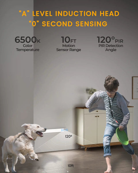 Child and dog passing by an under cabinet light motion sensor with 6500K color temperature, 10ft sensor range, and 120° detection angle.