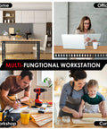 Collage of 48 Inch Adjustable Workbench With Power Outlet used in home, office, workshop, and as baking station with child.
