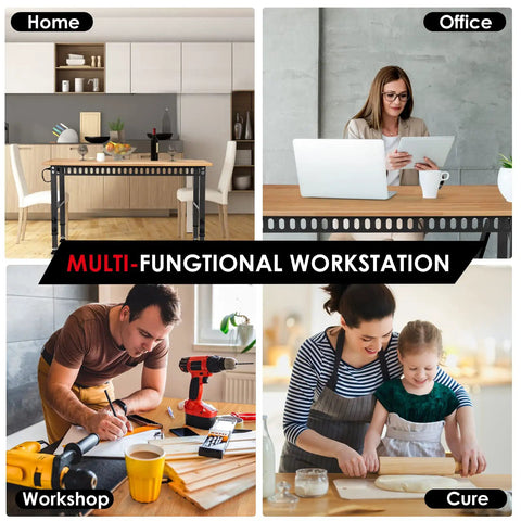 Collage of 48 Inch Adjustable Workbench With Power Outlet used in home, office, workshop, and as baking station with child.