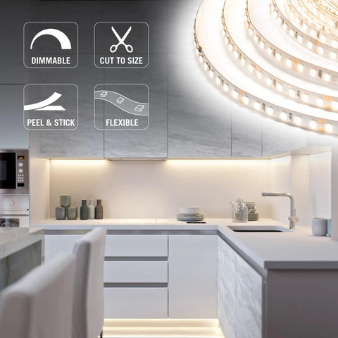 RibbonFlex Pro 24V White LED Strip Lights Dope Quality 120 LED Per Meter 4000K installed in modern kitchen under cabinet lighting
