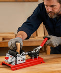No Bull Adjustable Pen Blank Vise And Square Drill Jig For Fast Lane Pen Making Includes Heavy Duty MDF Safety Plate Accepts Eight To Thirty Three Millimeters, shown in use.