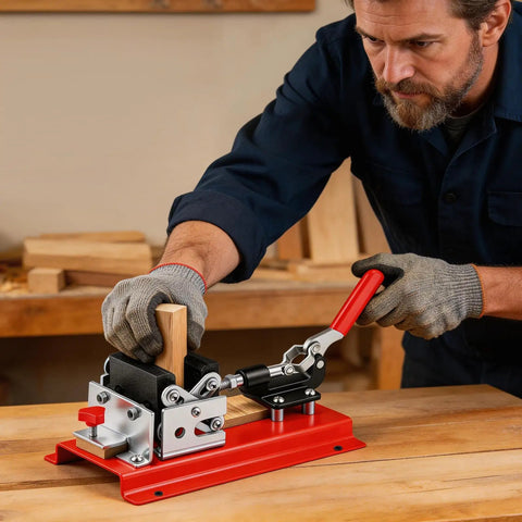 No Bull Adjustable Pen Blank Vise And Square Drill Jig For Fast Lane Pen Making Includes Heavy Duty MDF Safety Plate Accepts Eight To Thirty Three Millimeters, shown in use.