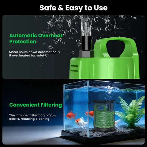 Beast Pool Cover Pump For Above Ground Pools Submersible 1/6 HP Up To 950 GPH 16.4 Ft Lift with fish tank display