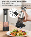 Electric Salt And Pepper Grinder Set With 2 Speed Modes 5 Coarseness Settings in use grinding pepper onto salad