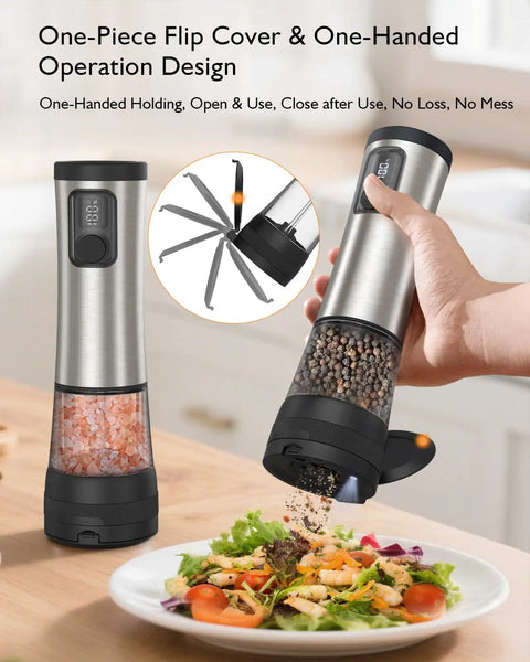Electric Salt And Pepper Grinder Set With 2 Speed Modes 5 Coarseness Settings in use grinding pepper onto salad