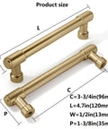 Top Tier Brushed Brass Cabinet Pulls 10 Pack Featuring 96MM Hole Spacing Slick Kitchen Drawer Handles, showing size and dimensions.