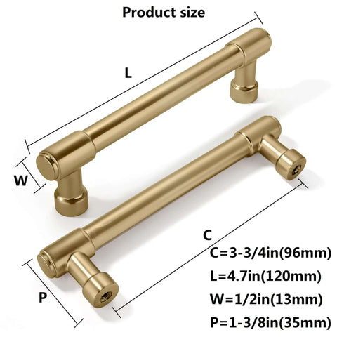 Top Tier Brushed Brass Cabinet Pulls 10 Pack Featuring 96MM Hole Spacing Slick Kitchen Drawer Handles, showing size and dimensions.