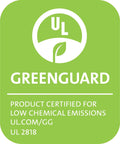 UL GREENGUARD certification badge for low chemical emissions, featuring logo and certification details, UL 2818.