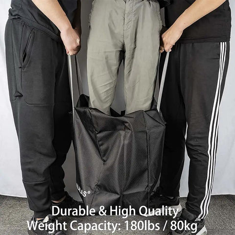 Demonstrating strength of Ultra Spacious 96L Travel Duffle Bag For Men And Women, carrying heavy load, black weatherproof nylon.